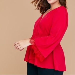 Lane Bryant Red Faux Wrap Blouse with Lace Trim